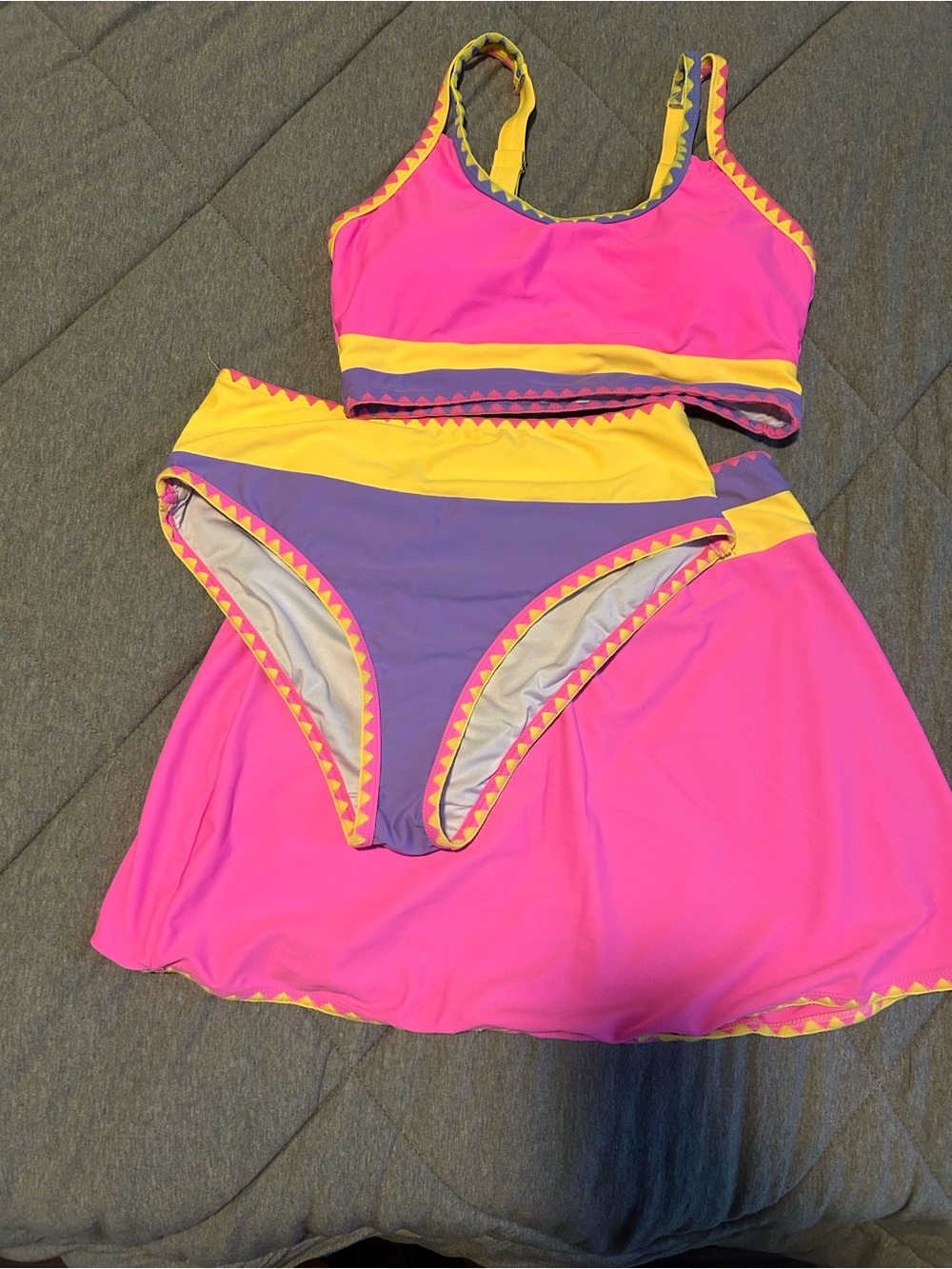 Popvil Bright Pink + Yellow + Purple Swim Set with Skirt